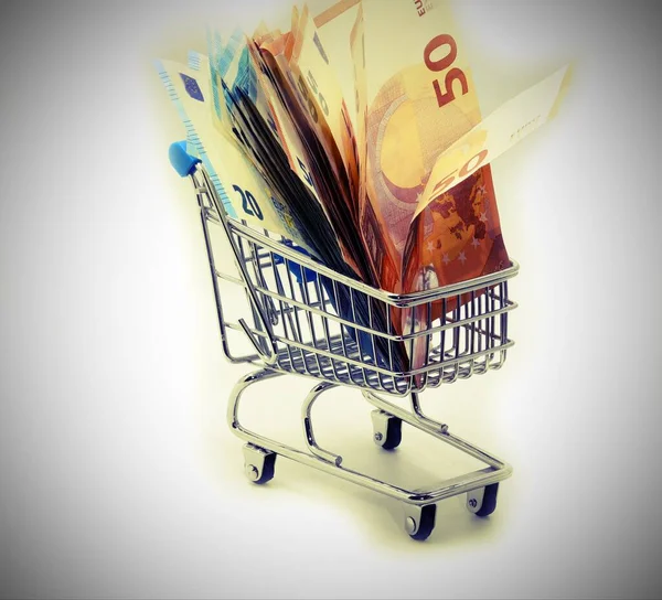 Shopping Cart Full Euro Banknotes Old Toned Effect — Stock Photo, Image