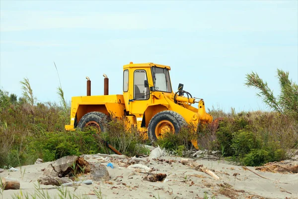 Yellow Big Bulldozer Sea Shore Move Sand Clean Tourists Arrive — Stock Photo, Image