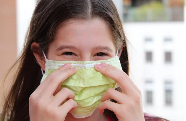 Pretty Little Girl Green Surgical Mask Looks Camera Lockdown Due — Stock Photo, Image