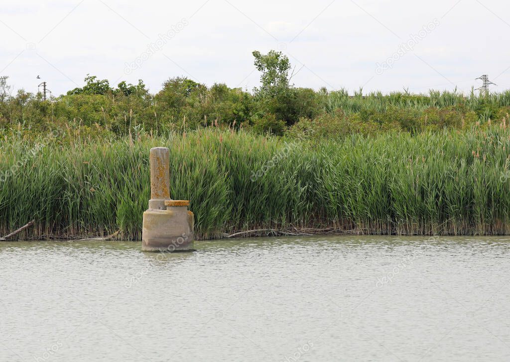old concrete well for the extraction of methane gas from the lagoon and a reed bed in the background