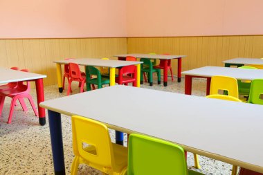 interior of the classroom with tables and empty chairs without children because of the epidemic