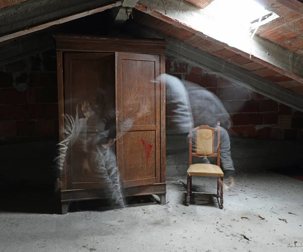 Spooky Ambiance Attic Haunted House Wardrobe Chair Moving Presence — Stock Photo, Image
