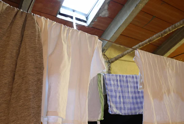 Tablecloths Tea Towels Hang Attic House Washing — 스톡 사진