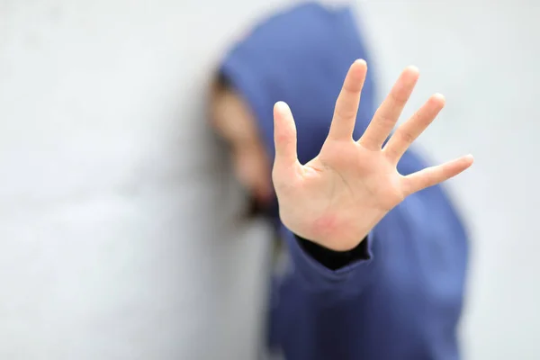 Girl Hand Hoodie Trying Protect Herself Aggression — Stock Photo, Image