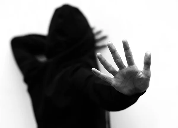 Dramatic Scene Girl Hoodie Trying Protect Herself Attacker Her Hand — Stock Photo, Image