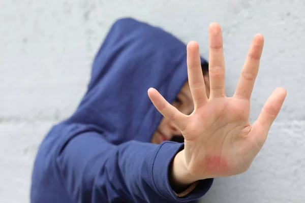 Girl Hand Hoodie Trying Protect Herself Attacker — Stock Photo, Image