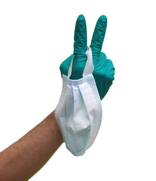 Handschuh Und Hand Mit Förmigen Fingern Und Operationsmaske Auf Weißem — Stockfoto