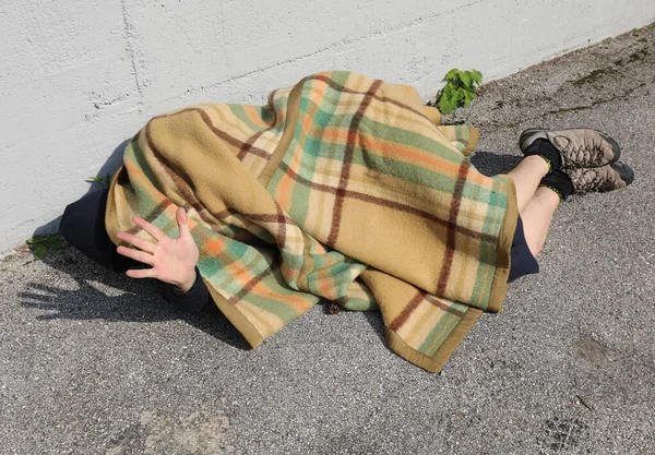 Young Homeless Man Old Blanket His Hand Raised Protect Himself — Stock Photo, Image