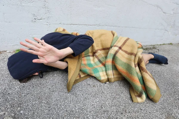 Annoyed Homeless Young Man Raises His Hand Filthy Blanket While — Stock Photo, Image