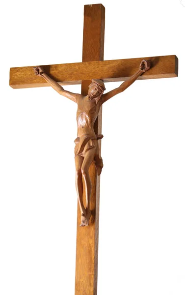 Grande Crucifixo Madeira Com Estátua Jesus Símbolo Religião Católica Sobre — Fotografia de Stock