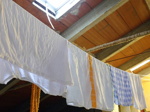 Rags Tea Towels Hung Out Dry Washing Attic House — Stock Photo, Image