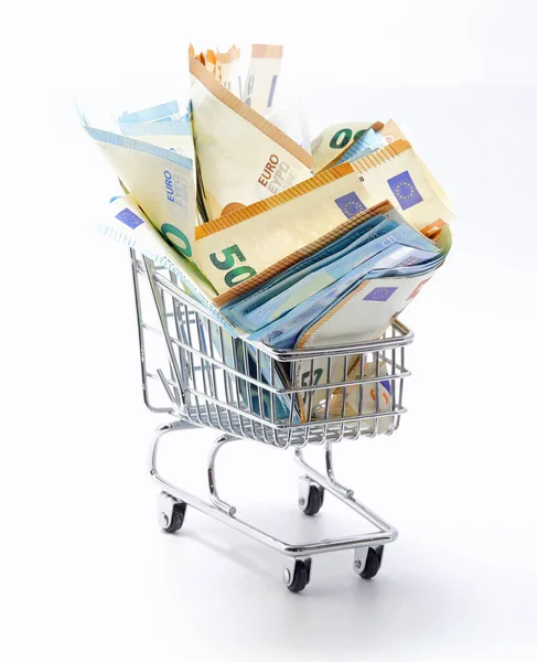 Many European Banknotes Shopping Cart Symbol Inflation White Background — Stock Photo, Image