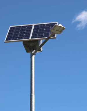 street lamp powered by a photovoltaic panel is a group of batteries for street lighting with eco-sustainable energy clipart