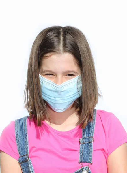 Portrait Young Little Girl Smiling Eyes Mask Protection Covid World — Stock Photo, Image