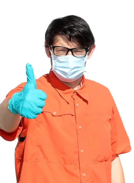 Gözlüklü Cerrahi Maskeli Doktor Coronavirus Karşı Victory Işareti Olarak Kaldırılan — Stok fotoğraf