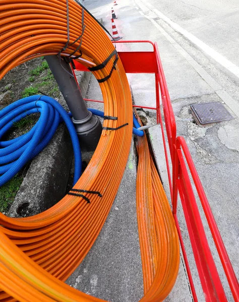 Orange Pipe Laying Optical Fibers Connect Companies Families Internet High — Stock Photo, Image