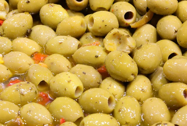 Fundo Azeitonas Verdes Para Venda Supermercado Italiano — Fotografia de Stock