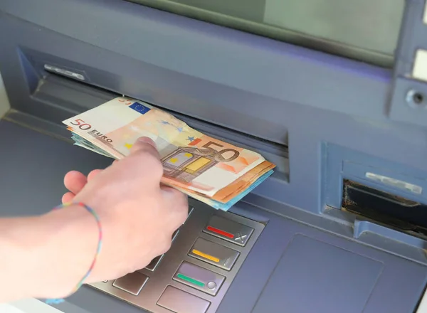Person Who Withdraws Money European Banknotes Atm — Stock Photo, Image