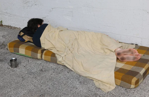 Poor Homeless Young Man While Resting Mattress City Street — Stock Photo, Image