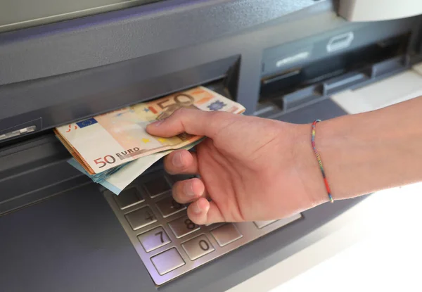 Hand Withdrawing Money Atm Atm European Currency Numeric Keypad Enter — Stock Photo, Image