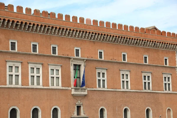 flag of Italy and Europe on the balcony of Piazza Venezia in Rome and where the Duce appeared during the demonstration