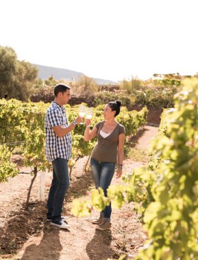 Kadın ve erkek casual giyim bir kadeh şarap tadını üzüm bağları ayakta