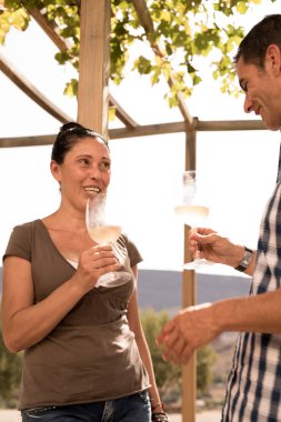 Çift bir bağ sohbet ve gülen ve having fun şarap içme