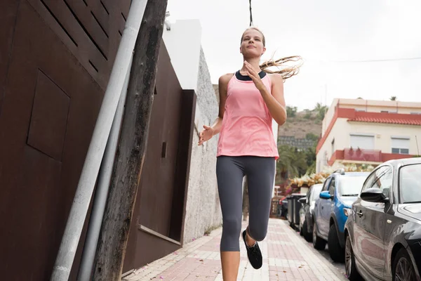 Young Female Runner Running Sidewalk Parked Cars Day — Stock Photo, Image
