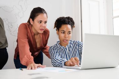 Beyaz masa, bir kadın türleri Laptop süre üzerinde bir laptop arıyorum iki iş kadınları