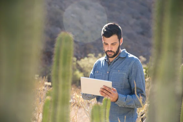 Close up of a man using a pc tablet standing near cactus and a mountain side
