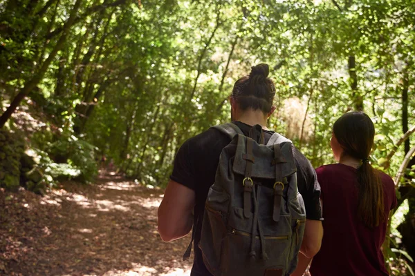 Pareja caminando junto a grandes árboles en un bosque — Foto de Stock