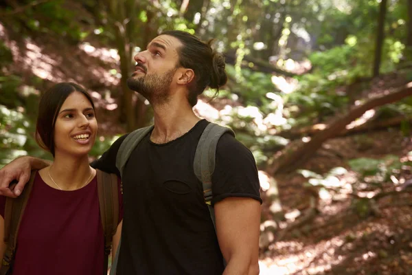 Pareja Joven Hablando Riendo Mientras Caminan Través Bosque Tiene Brazo —  Fotos de Stock