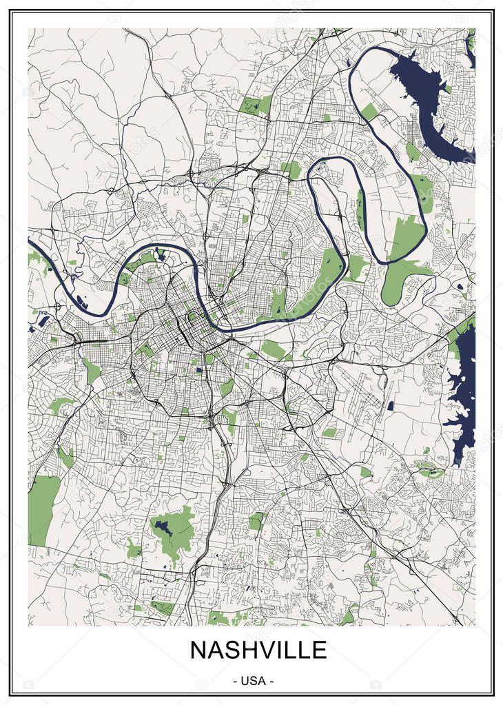 map of the city of Nashville, Tennessee, USA