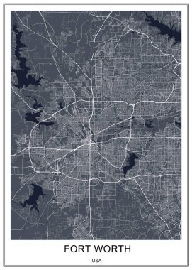 Fort Worth şehrinin haritası, Teksas, ABD