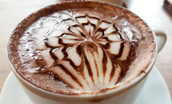 Café Cappuccino Chaud Dans Tasse Sur Table Bois Cappuccino Mélangé — Photo