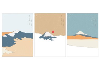 Fuji Dağı arka planında sanat manzarası vektörü var. Grunge desenli soyut sanat şablonu. Japonya 'nın ünlü simgesi.. 
