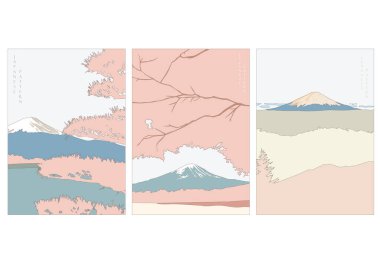 Fuji Dağı arka plan vektörü. Meşhur Japonya duvar kağıtları. Doğal peyzaj kartpostal tasarımı. Dağ Ormanı Şablonu. 