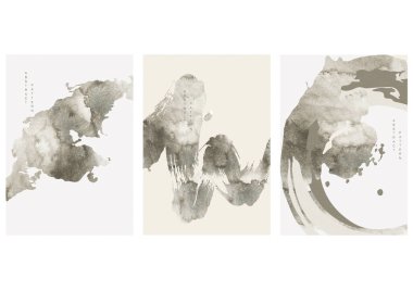 Bulutlu arka plan vektörlü Fuji Dağı. Suluboya boya desenli Çin şablonu. Geleneksel Asya tarzında doğal manzara. Sanat fırçası kapağı tasarımı. Soyut sanat duvar kağıdı.