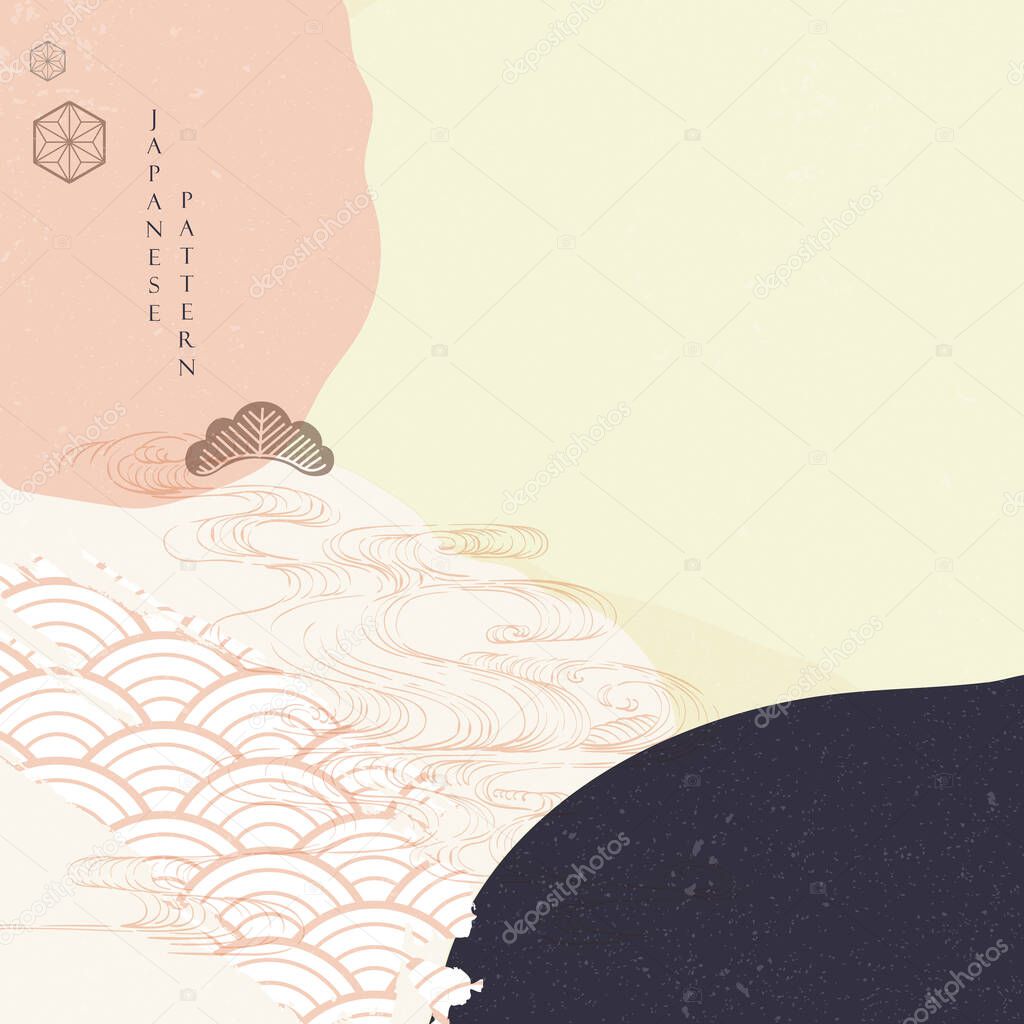 Japanese template with Asian icon vector. Oriental natural landscape background. Hand drawn wave elements in vintage style. Abstract art pattern illustration.