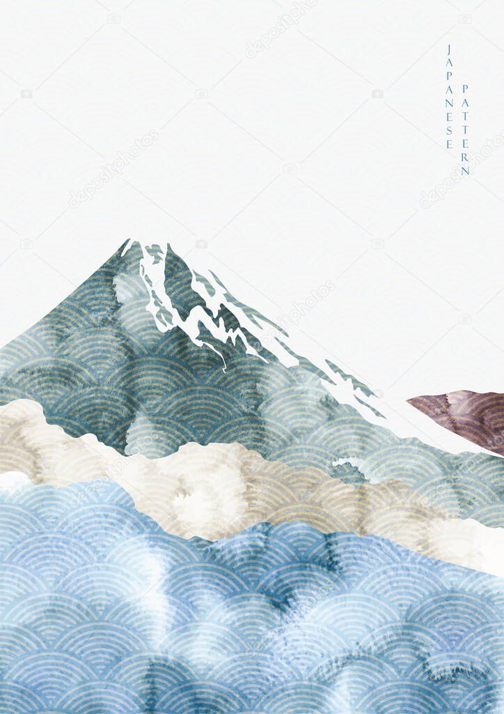 Fuji mountain with cloud background vector. China template with watercolor painting texture. Natural landscape background in Asian traditional style. Art brush cover design. Abstract art wallpaper.