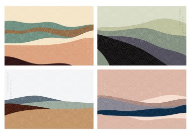 Japon dalga desenli doğal manzara vektörü. Soyut şablonlu dağ ormanı. Poster tasarımı.