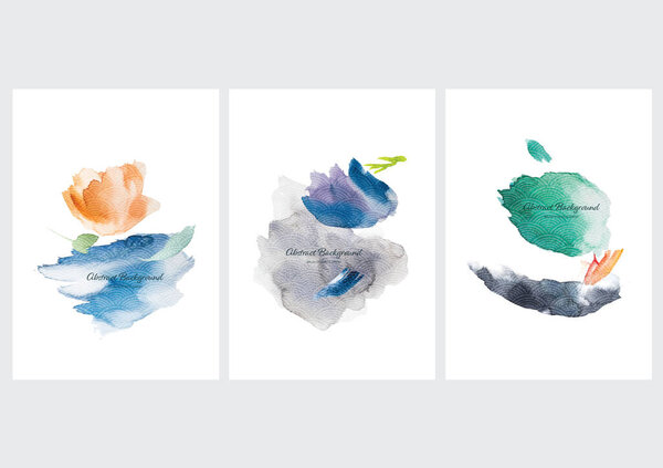 Abstract art background with watercolor texture vector. Brush stroke elements with Japanese wave pattern. Floral elements.