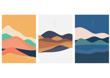 Japonca şablon vektörlü doğal peyzaj. Geleneksel Japonya geometrik şablonu. Asya poster tasarımlı dağ. Soyut sanatlar.