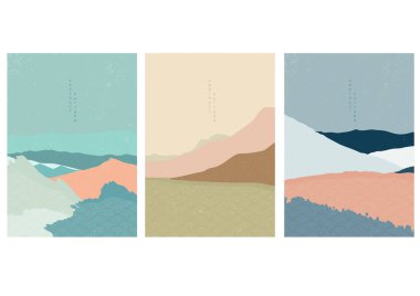 Japon dalga desenli manzara arkaplanı. Geometrik desenli soyut şablon. Doğu tarzında dağ yerleşimi tasarımı. 