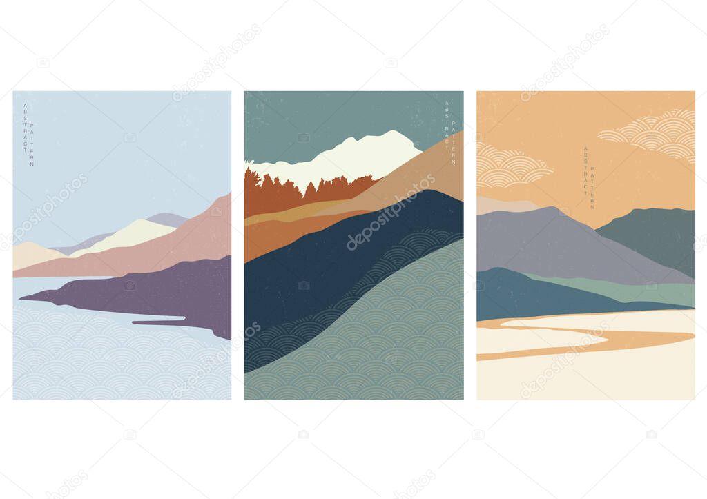Landscape background with Japanese wave pattern. Abstract template with geometric pattern. Mountain layout design in oriental style. 