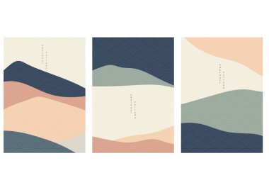 Japon dalga şablon vektörüyle soyut manzara arkaplanı. Dağ orman silueti şablonu çizimi ile eğri element. 