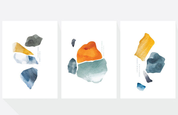 Abstract art background with Japanese wave pattern vector. Watercolor painting brush texture decoration template illustration. Stone and rock elements.