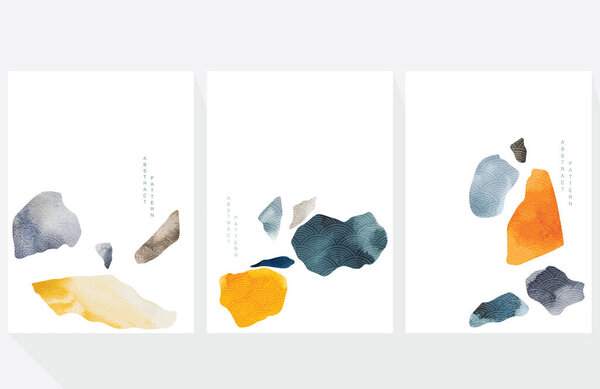 Abstract art background with Japanese wave pattern vector. Watercolor painting brush texture decoration with terrazzo marble elements. Stone and rock decoration.