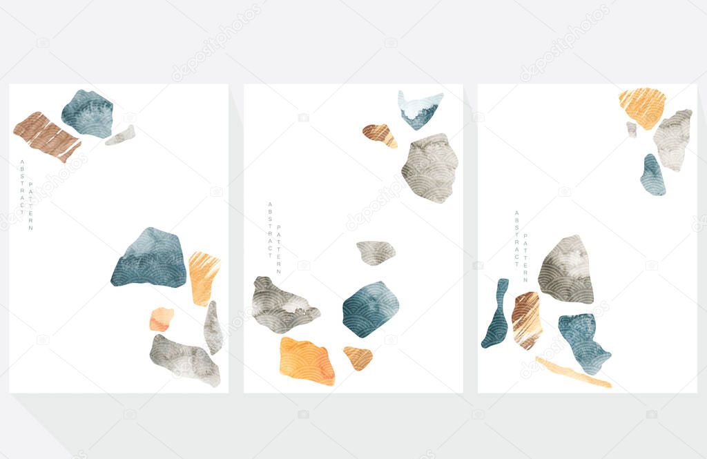 Abstract art background with Japanese wave pattern vector. Watercolor painting brush stroke texture decoration template illustration. Stone and rock elements in Asian style.