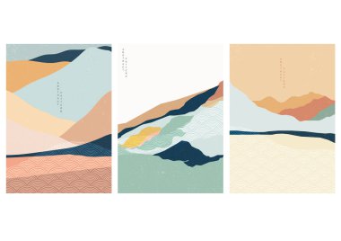 Japon dalga desenli manzara arkaplanı. Geometrik desenli soyut şablon. Asya tarzında dağ yerleşimi tasarımı. 